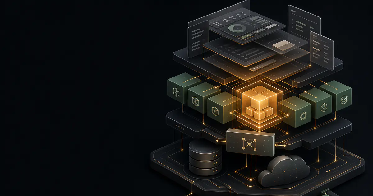 Connected product interfaces, databases, cloud services and software modules forming one custom business system.