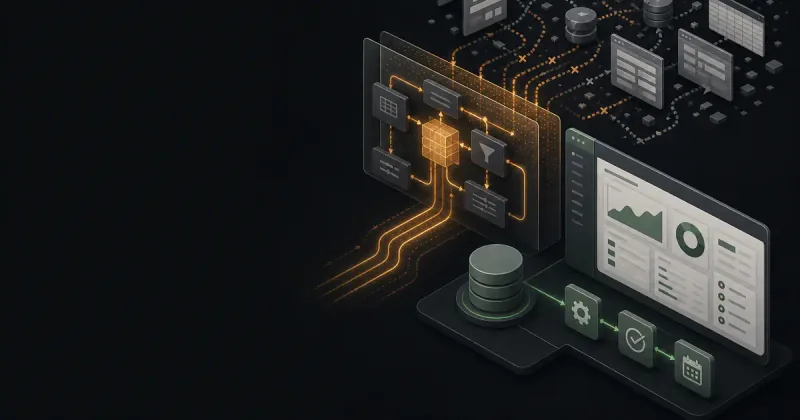 Disconnected tools and data flows feeding a business workflow through fragile manual connections.