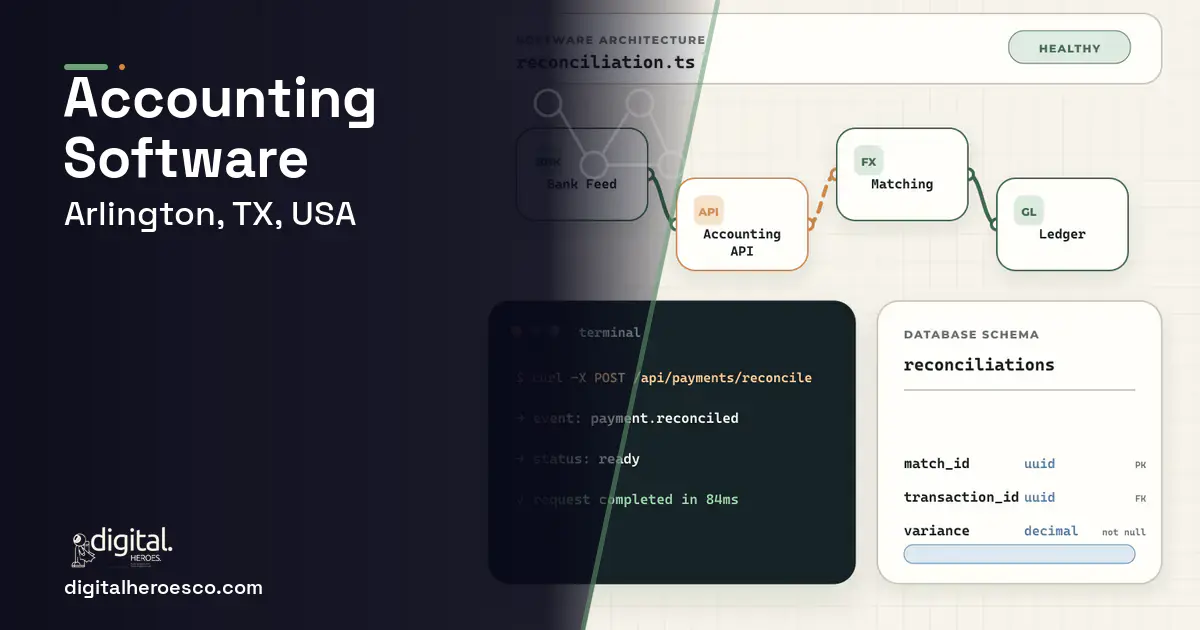 Accounting Software architecture and database illustration for Arlington, TX, USA.