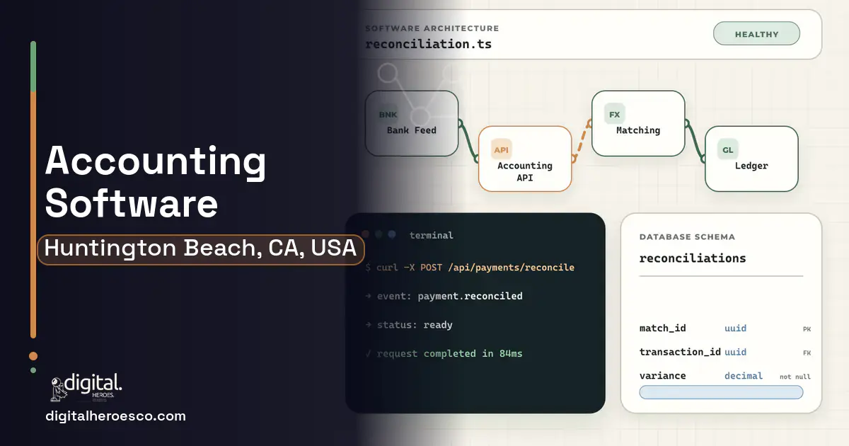 Accounting Software architecture and database illustration for Huntington Beach, CA, USA.