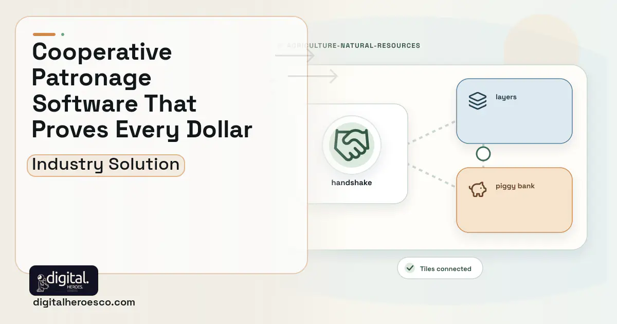 Agricultural Cooperative Patronage software visual showing handshake, layers, and piggy bank.