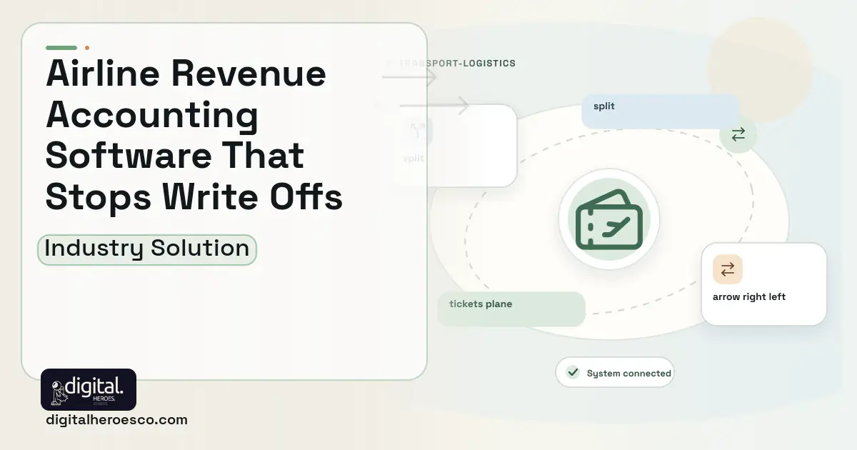 Airline Revenue Accounting software visual showing tickets plane, split, and arrow right left.