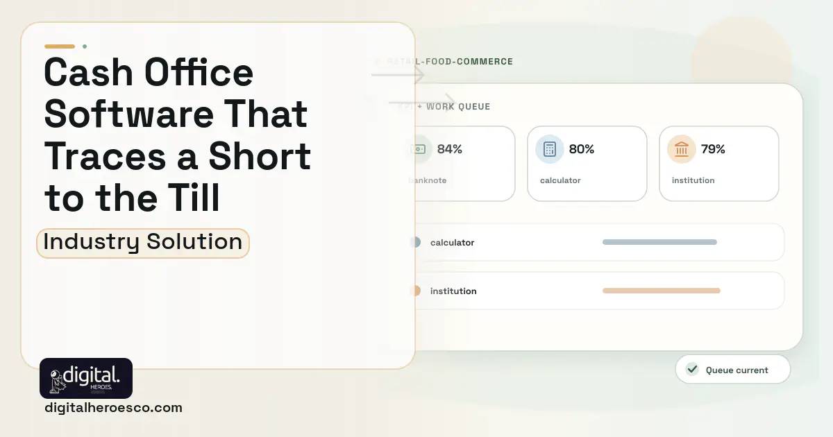 Cash Office Management software visual showing banknote, calculator, and institution.