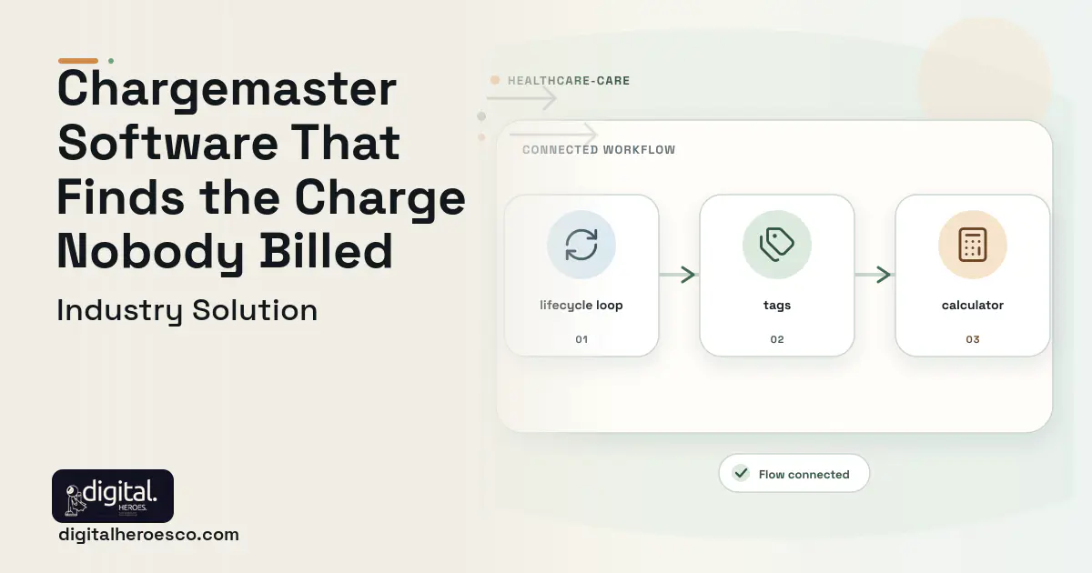 Chargemaster Management software visual showing tags, lifecycle loop, and calculator.