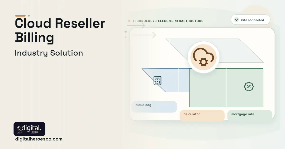 Cloud Reseller Billing software visual showing cloud cog, calculator, and mortgage rate.