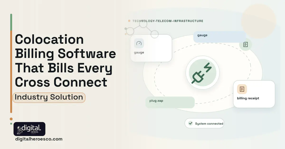 Colocation Billing software visual showing plug zap, gauge, and billing receipt.