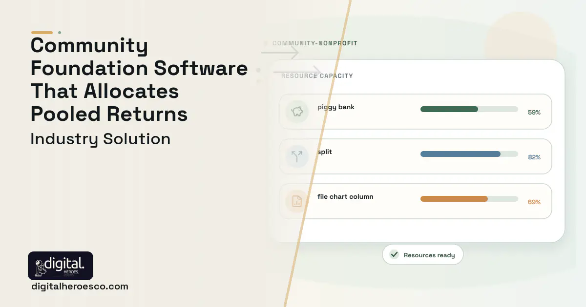 Community Foundation Fund Management software visual showing piggy bank, split, and file chart column.
