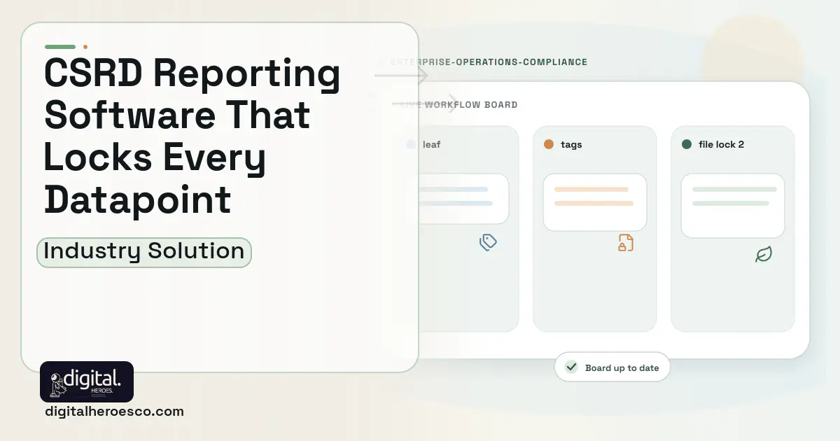 Csrd Sustainability Reporting software visual showing leaf, tags, and file lock 2.