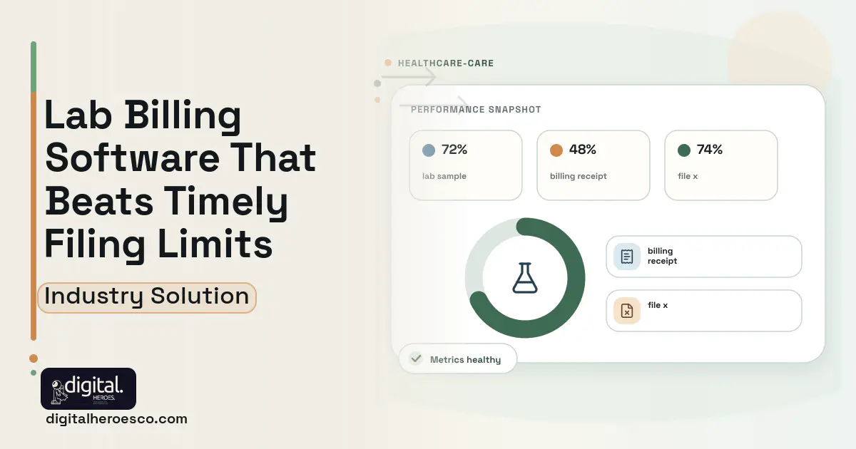 Diagnostic Lab Revenue Cycle software visual showing lab sample, billing receipt, and file x.