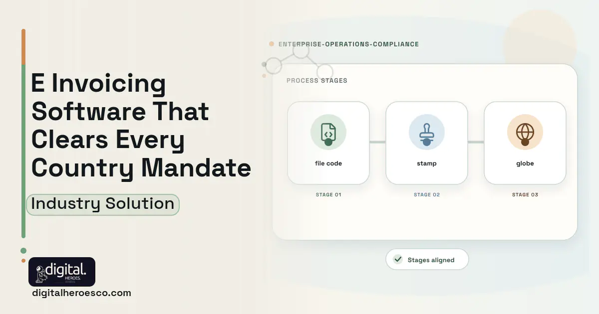 E Invoicing Compliance software visual showing file code, stamp, and globe.