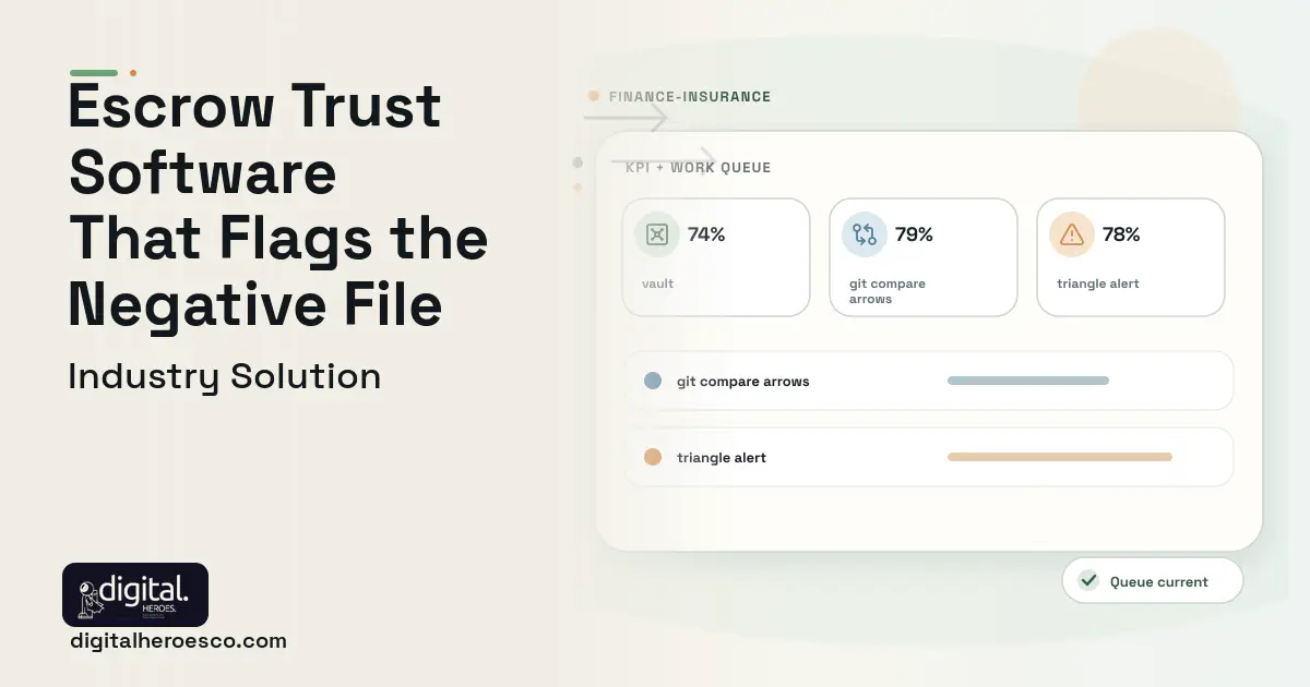 Escrow Trust Accounting software visual showing vault, git compare arrows, and triangle alert.