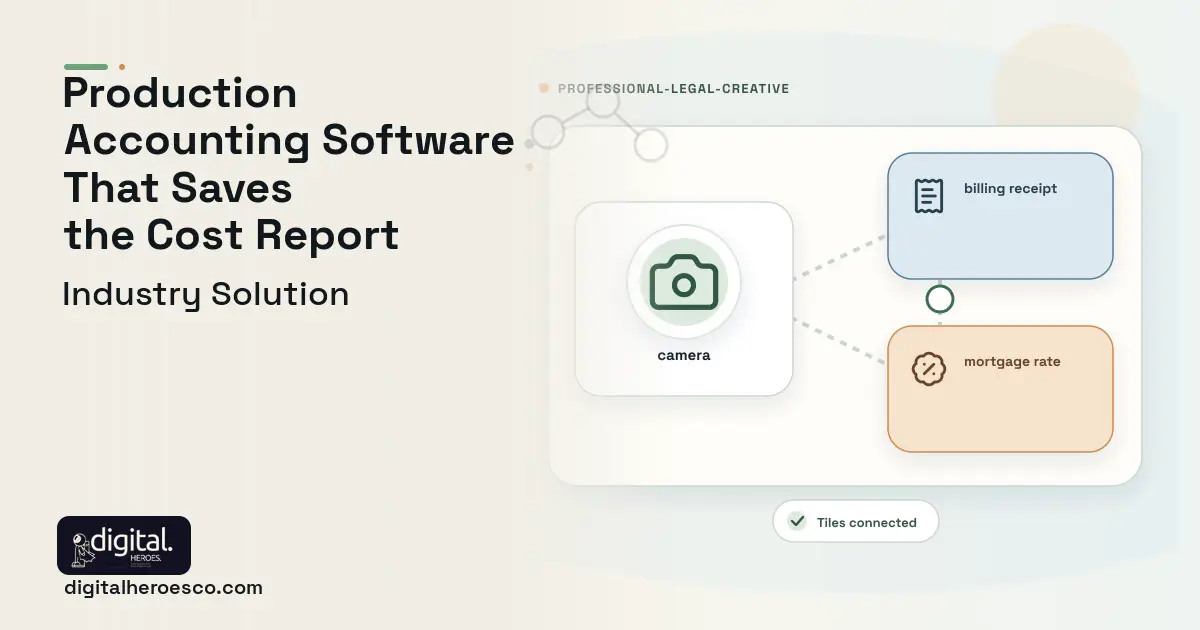Film Production Accounting software visual showing camera, billing receipt, and mortgage rate.