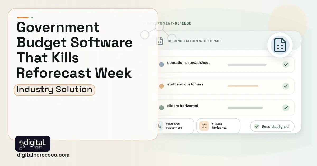 Government Budgeting software visual showing operations spreadsheet, staff and customers, and sliders horizontal.