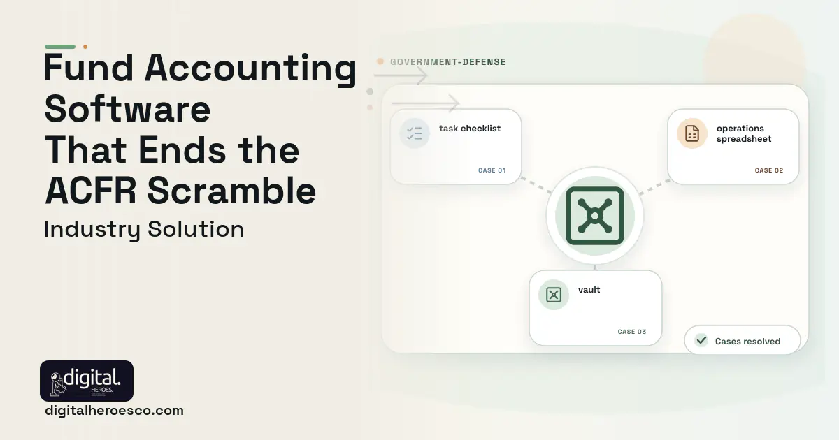 Government Fund Accounting software visual showing vault, task checklist, and operations spreadsheet.