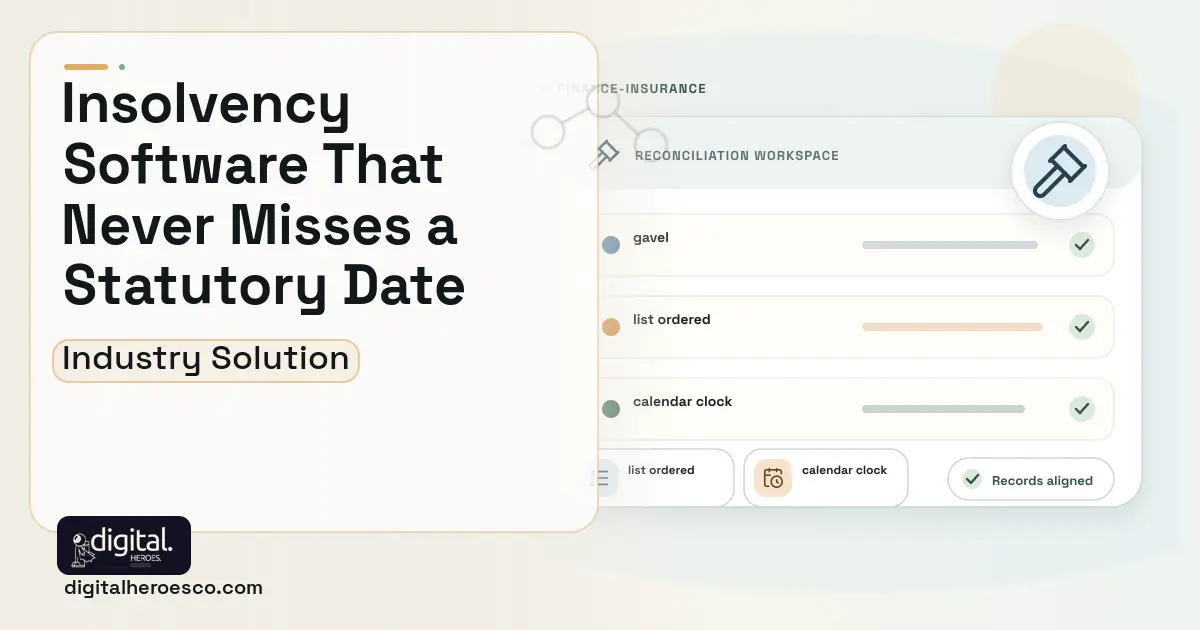 Insolvency Administration software visual showing gavel, list ordered, and calendar clock.