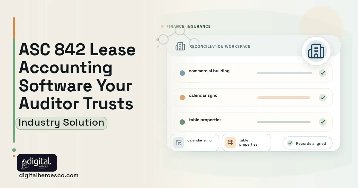 Lease Accounting Compliance software visual showing commercial building, calendar sync, and table properties.
