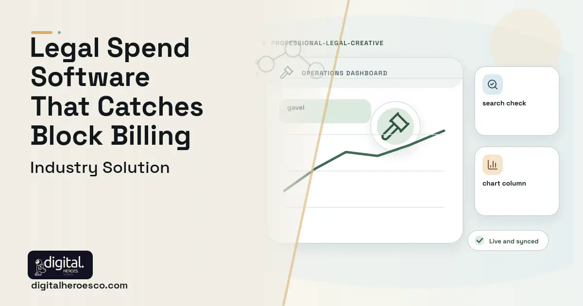 Legal Spend Management software visual showing gavel, search check, and chart column.