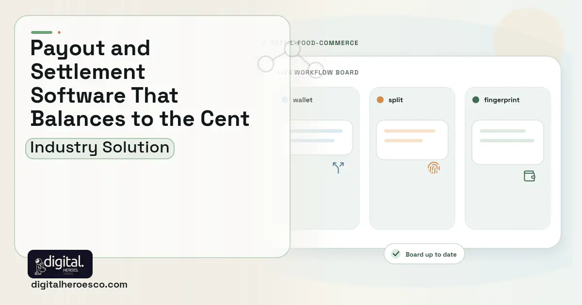 Marketplace Payout Settlement software visual showing wallet, split, and fingerprint.