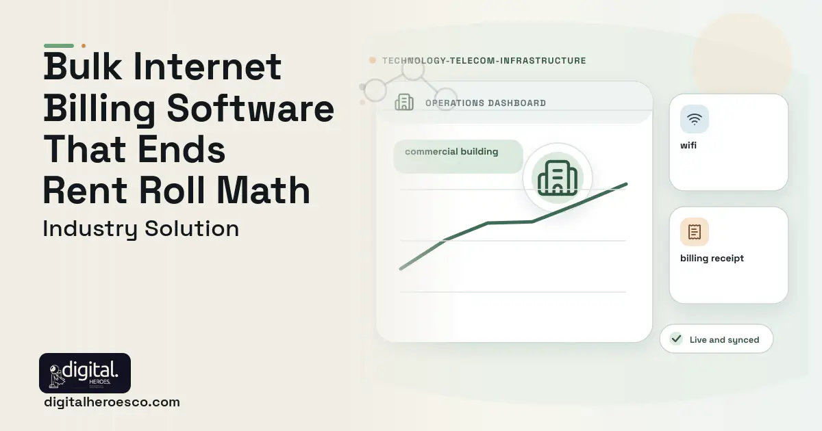 MDU Bulk Internet Billing software visual showing commercial building, wifi, and billing receipt.