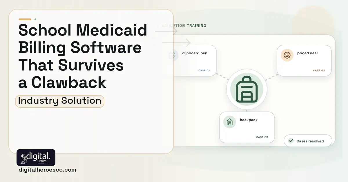 Medicaid School Based Billing software visual showing backpack, clipboard pen, and priced deal.