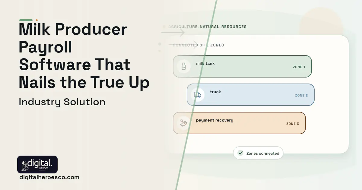 Milk Cooperative Payment software visual showing milk tank, truck, and payment recovery.