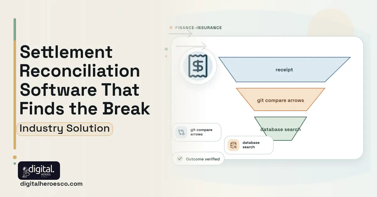 Payment Settlement Reconciliation software visual showing receipt, git compare arrows, and database search.