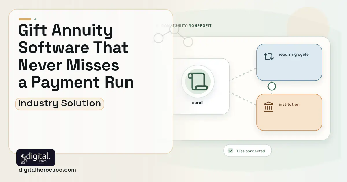 Planned Giving Administration software visual showing scroll, recurring cycle, and institution.