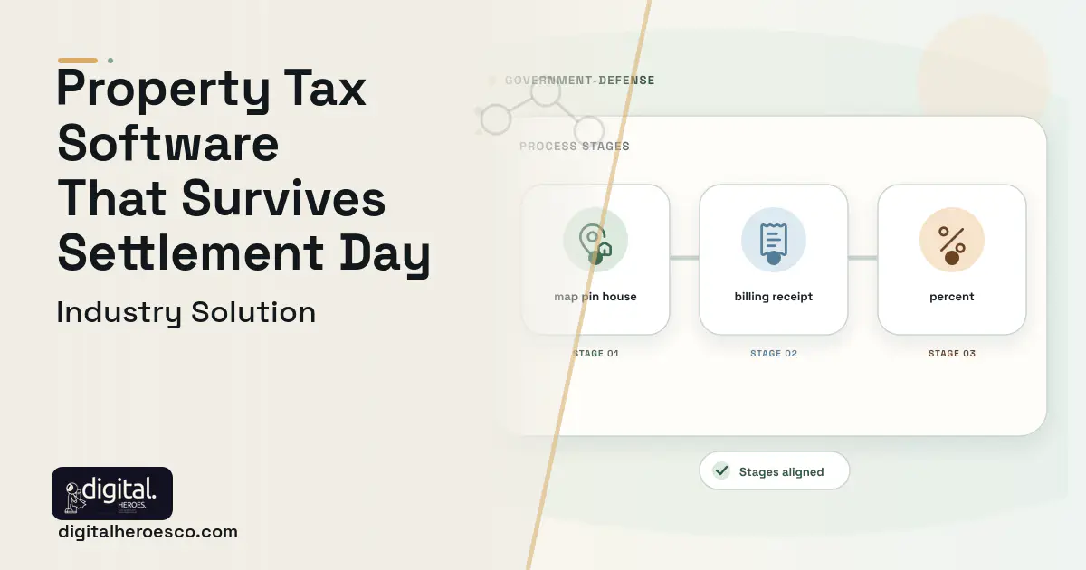 Property Tax Billing software visual showing map pin house, billing receipt, and percent.