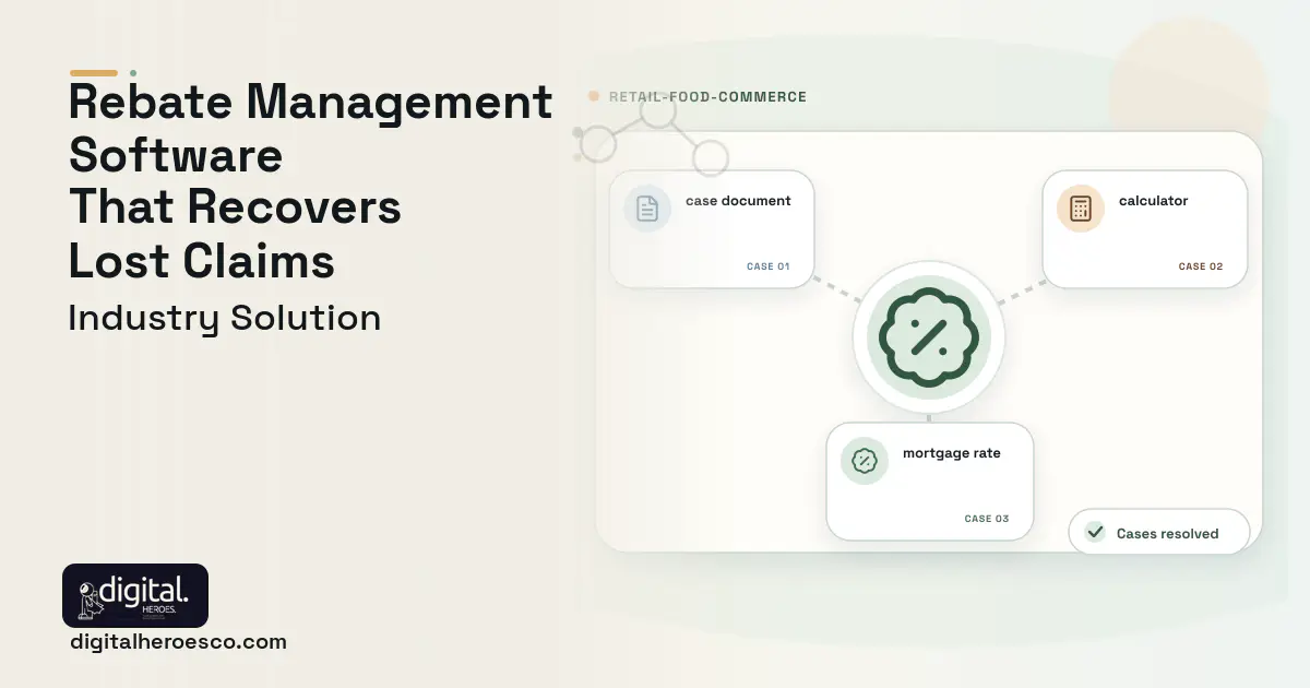 Rebate Management software visual showing mortgage rate, case document, and calculator.