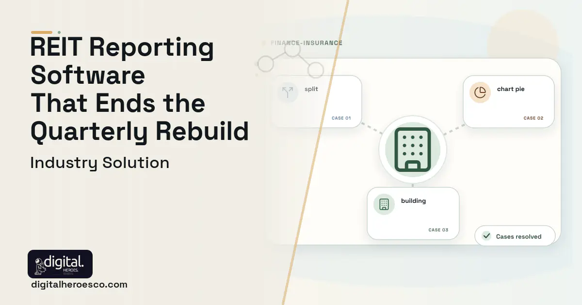 Reit Fund Reporting software visual showing building, split, and chart pie.