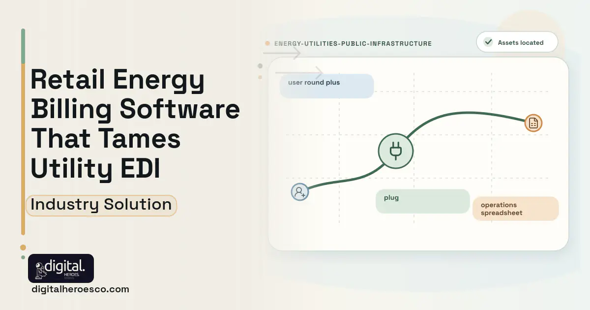 Retail Energy Supplier Billing software visual showing plug, user round plus, and operations spreadsheet.