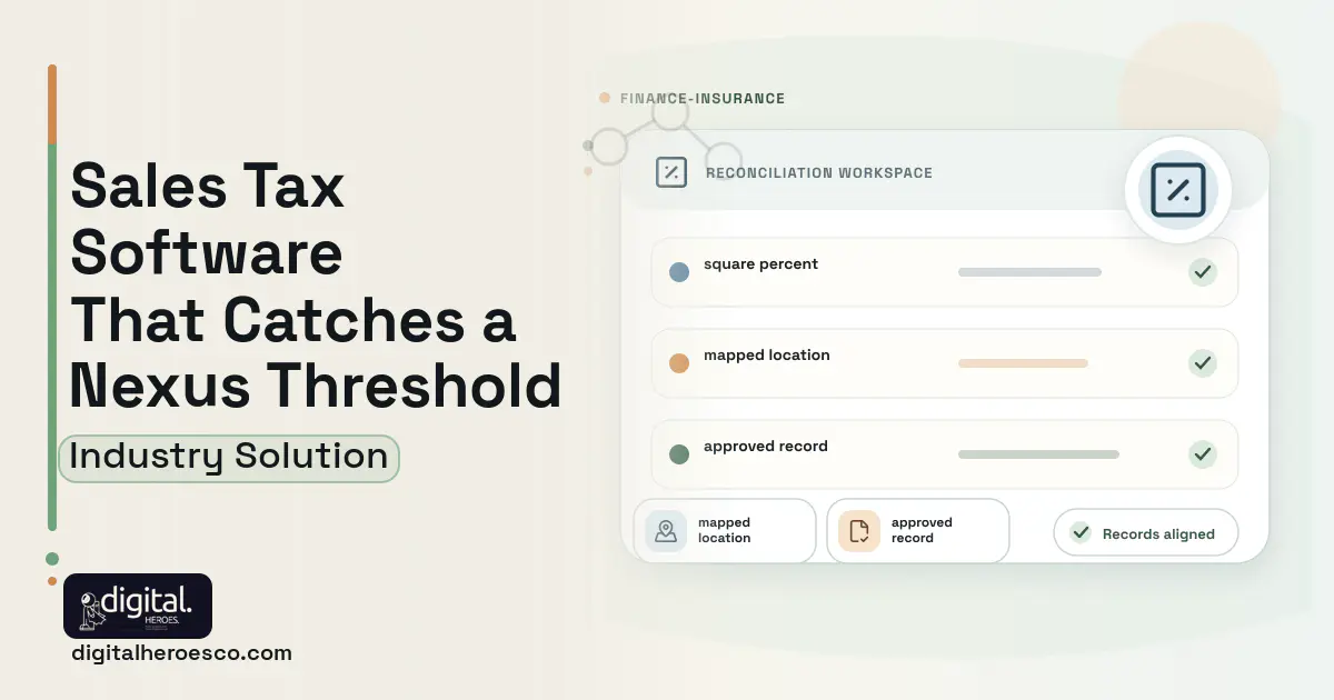 Sales Tax Compliance software visual showing square percent, mapped location, and approved record.