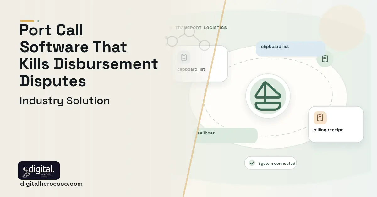 Ship Agency Port Call software visual showing sailboat, clipboard list, and billing receipt.