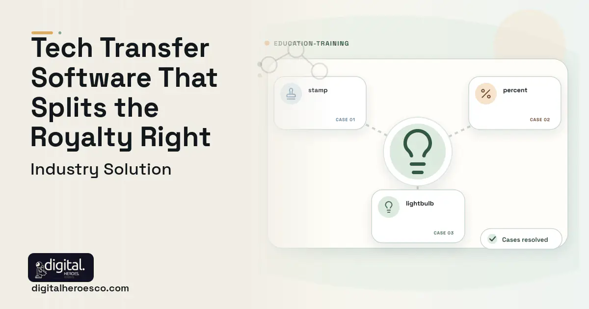 Technology Transfer Office software visual showing lightbulb, stamp, and percent.