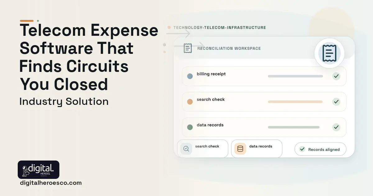 Telecom Expense Management software visual showing billing receipt, search check, and data records.