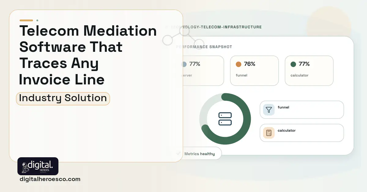 Telecom Mediation and Rating software visual showing server, funnel, and calculator.