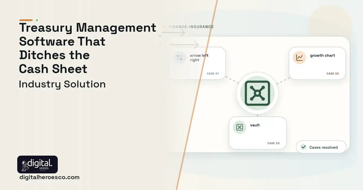 Treasury Management System software visual showing vault, arrow left right, and growth chart.
