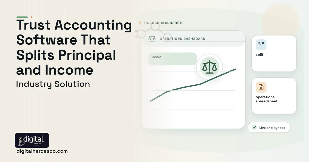 Trust Accounting Fiduciary software visual showing scale, split, and operations spreadsheet.