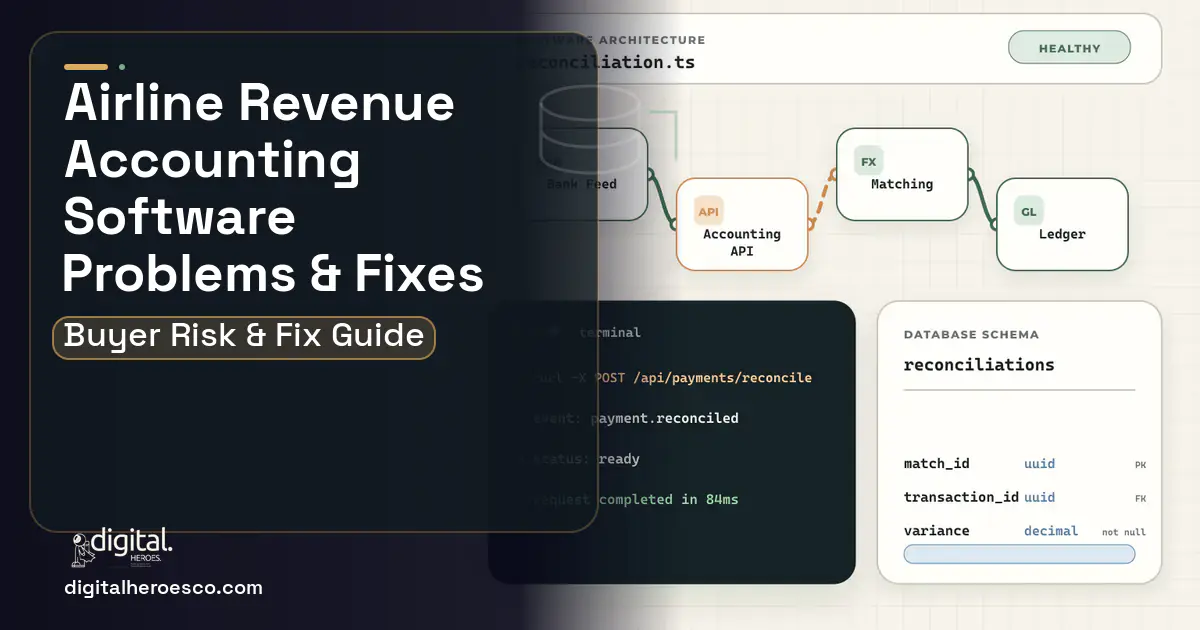 Airline Revenue Accounting Software architecture and database illustration showing common problems and fixes.