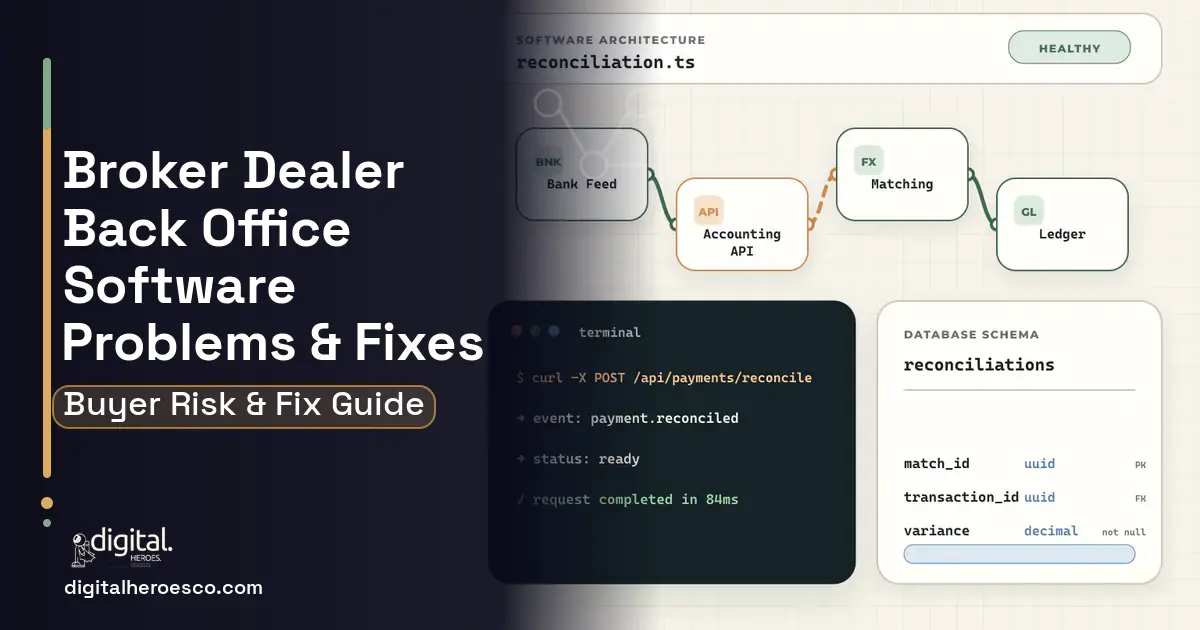 Broker Dealer Back Office Software architecture and database illustration showing common problems and fixes.