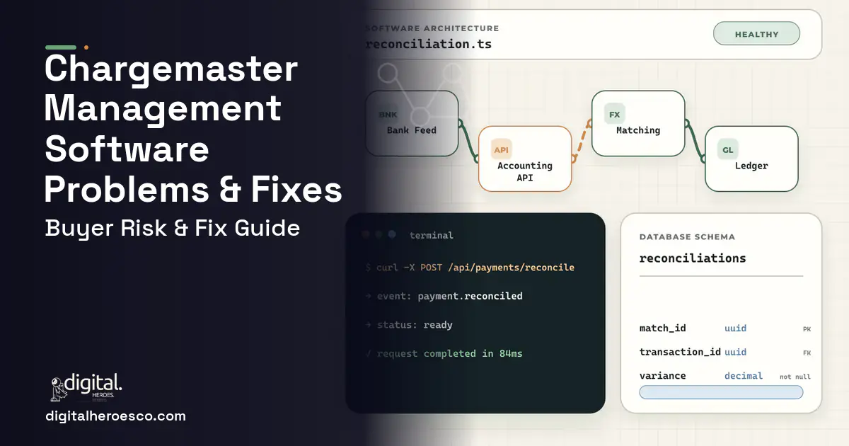 Chargemaster Management Software architecture and database illustration showing common problems and fixes.
