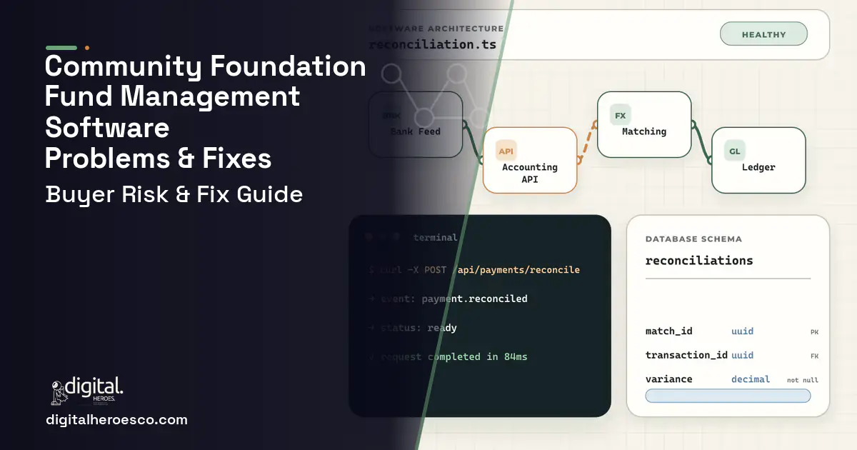 Community Foundation Fund Management Software architecture and database illustration showing common problems and fixes.