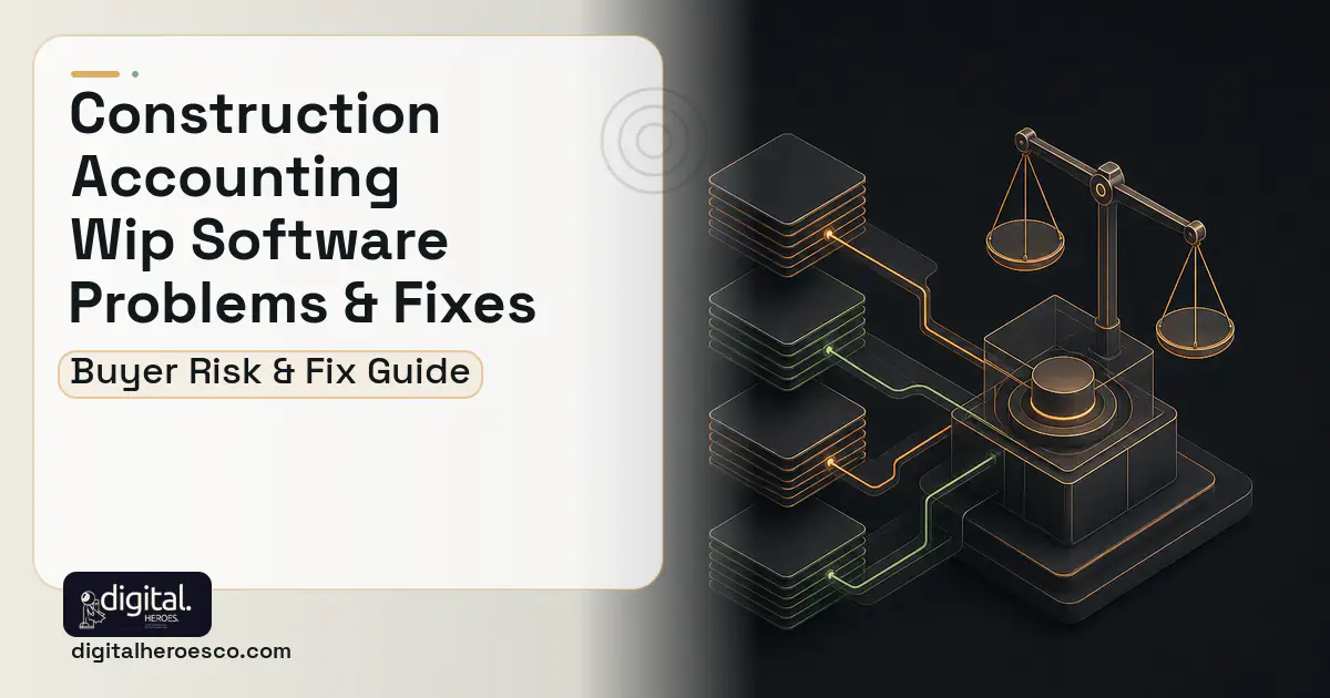 Construction Accounting WIP Software software overview illustration showing common problems and fixes.