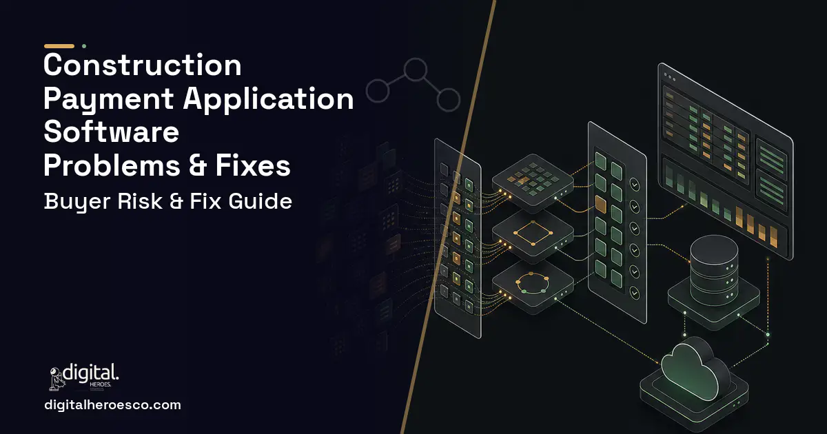 Construction Payment Application Software workflow illustration showing common problems and fixes.