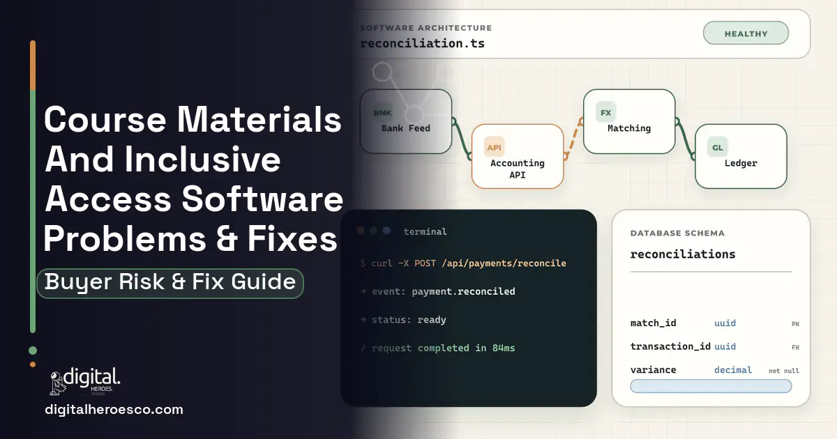 Course Materials AND Inclusive Access Software architecture and database illustration showing common problems and fixes.