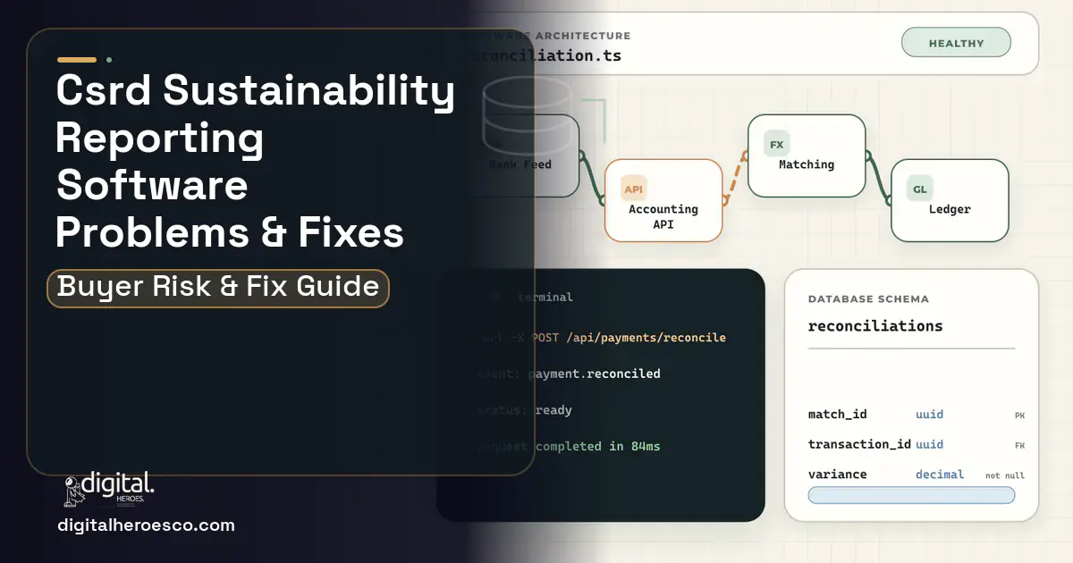 Csrd Sustainability Reporting Software architecture and database illustration showing common problems and fixes.