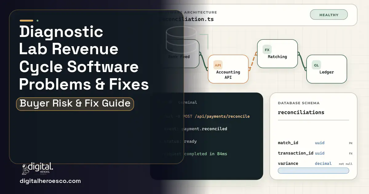 Diagnostic LAB Revenue Cycle Software architecture and database illustration showing common problems and fixes.