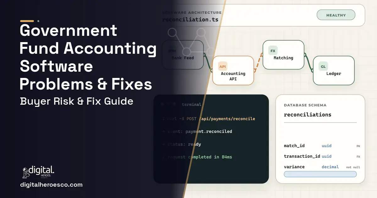 Government Fund Accounting Software architecture and database illustration showing common problems and fixes.