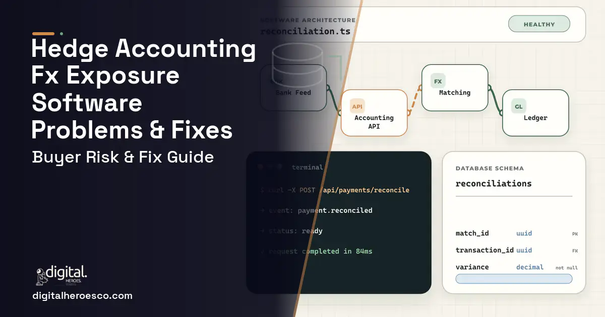 Hedge Accounting FX Exposure Software architecture and database illustration showing common problems and fixes.