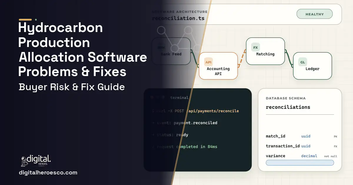 Hydrocarbon Production Allocation Software architecture and database illustration showing common problems and fixes.